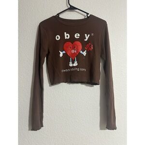NWOT Obey Always saying sorry crop top S brown lettuce hem long sleeve emo shirt
